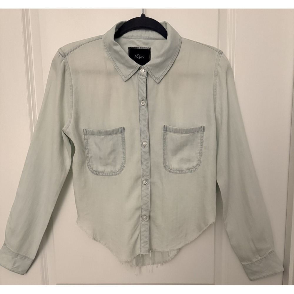 Rails EUC Women's XS Chambray Button Down Shirt Light Wash Cropped Raw Hem $168
